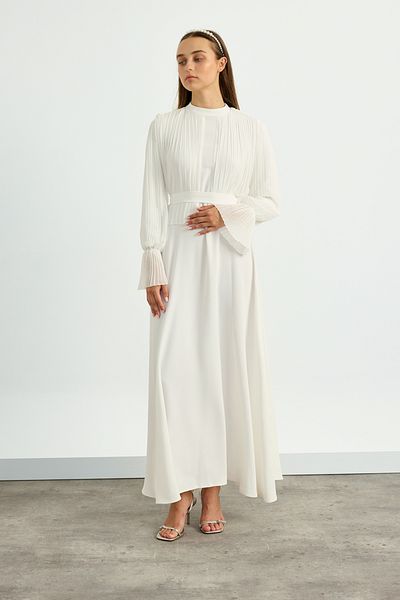 Birgül Bektaş White Size Pleated Crepe Chiffon Dress
