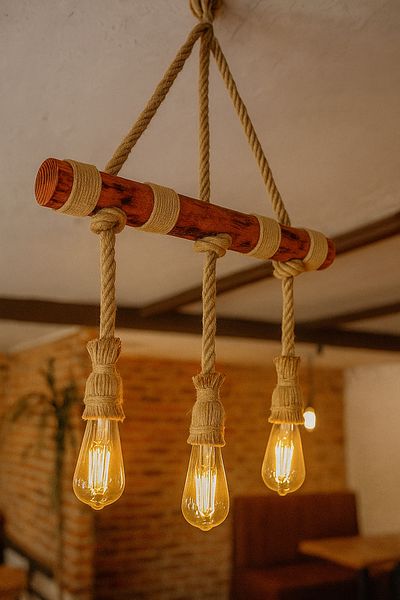 aybükpabuç Jute Rope Pendant Lamp Wooden Chandelier Pendant Lamp Rustic Lighting Bohemian Style 3-Piece Lighting