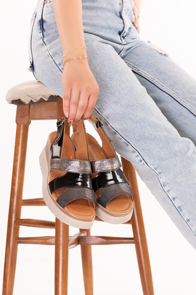 Gondol Genuine Leather Colorful Combination Wedge Heeled Sandals Mlk.5808 Black Combination