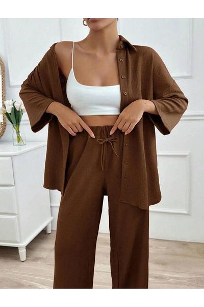 New Lune - Women's Wear Burumcuk Suit Shirt Pants Suit, Double Bottom Top Set