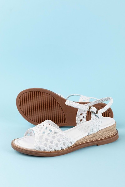 Gondol Kadın Hakiki Deri El Örgüsü Özel Hasır Sargılı Sandalet Ell.7245 Beyaz