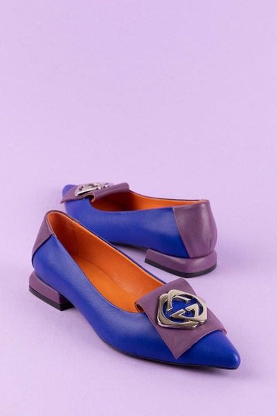 Gondol Hakiki Deri Kısa Topuklu Sivri Burun Ayakkabı Belx.1076 Mavi