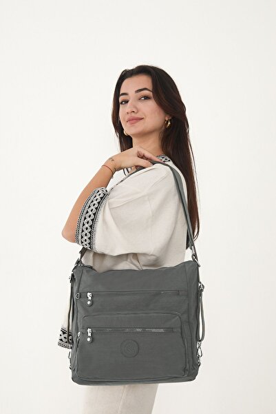 Sanmorris Țesătură Crinkle pentru femei, cu 7 compartimente, rezistentă la apă, gri închis, pentru umăr și rucsac