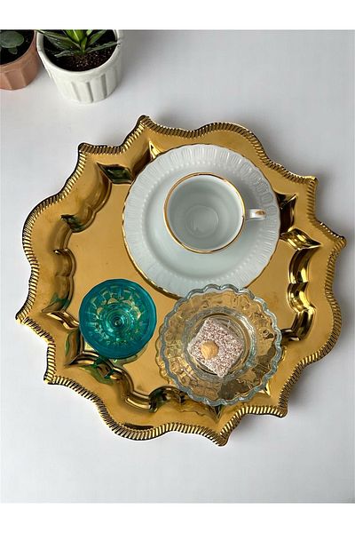 AHİR TİCARET Model in Love 25 cm Round Tea, Coffee, Cake Serving Tray Set of 6