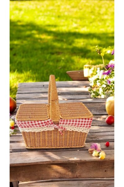 ELZEY HOME Rectangular Picnic Basket with Rattan Braided Cover Natural