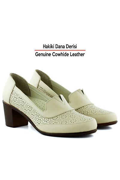 Erkan Saçmacı Madre Beige Genuine Calfskin Vintage Patterned Thick Heeled Daily Classic Shoes