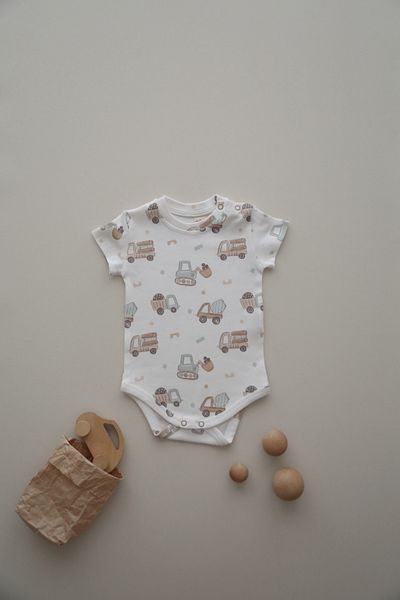 DoDo'S Baby Mini Construction Site Patterned Organic Baby Bodysuit – Short Sleeve Unisex Body