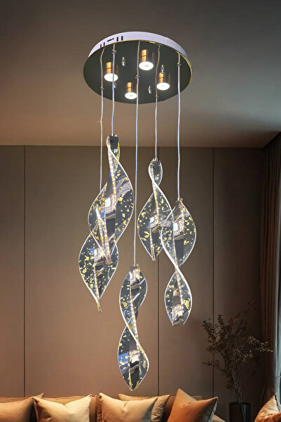FUZON 3 Renk Kumandalı Gold Kaplama Sarkıt Modern Led Avize 5li Yaprak Salon Avize