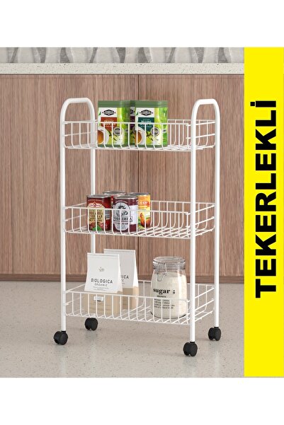 EVA METAL TASARIM Sebze Ve Meyve Sepeti Çok Amaçlı Mutfak Rafı Metal Düzenleyici Raf Çok Amaçlı Sepet 3 Katlı Beyaz