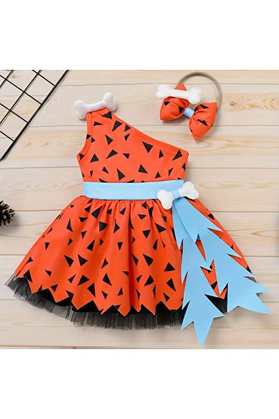 darko Stone Age Orange Dress Set Pebble Costume Flintstone Dress Ribbon Set Girl Flintstone
