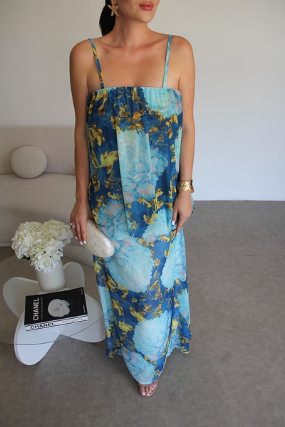 Julidress Mavi Desenli Katlı Tasarım Premium Şifon Elbise