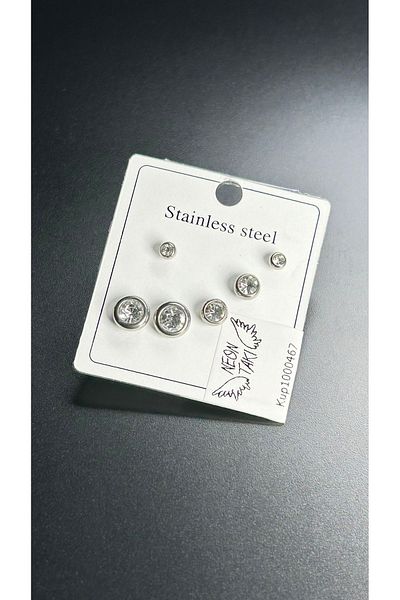 Neon Takı by Atalay Sensitivity Tag and Zircon Stone, Multiple, Stainless Steel Earrings 467, Silver Color
