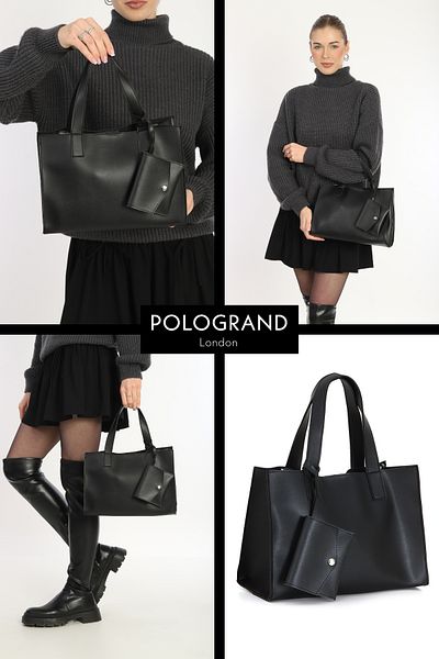 POLOGRAND London Geantă de mână și geantă de umăr din piele moale de lux cu închidere magnetică cu mini portofel original nou sezon cu cățeluș