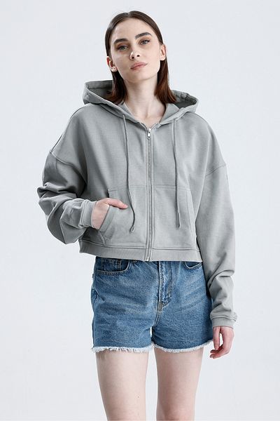 Sofist İstanbul Gray Essentials Fit Women's Zip Hoodie 100% Cotton Hooded Off-Shoulder Zip Kangaroo Pocket