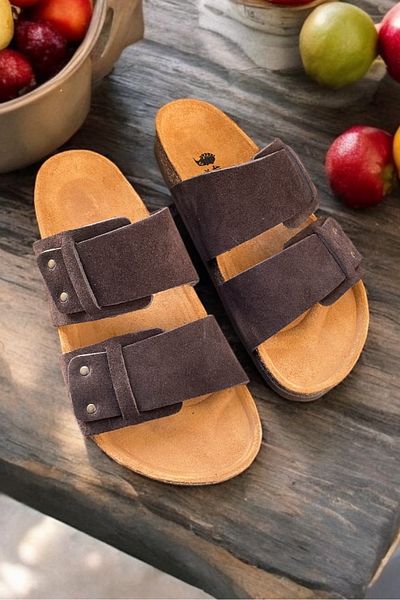 Land of Cork Unisex Anatomical Genuine Suede Leather Slippers - Natural Cork Sole