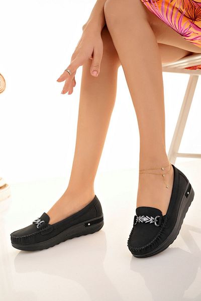 epaavm Black Denim Shoes with Wedge Heel Buckle