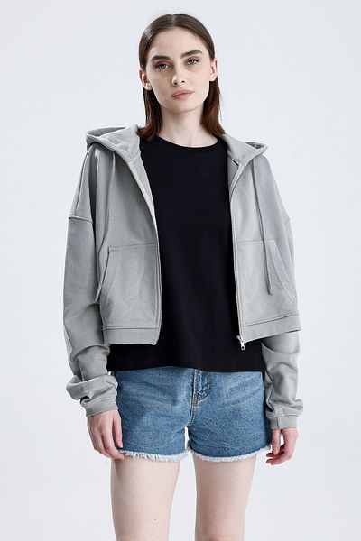 Sofist İstanbul Gray Essentials Fit Women's Zip Hoodie 100% Cotton Hooded Off-Shoulder Zip Kangaroo Pocket