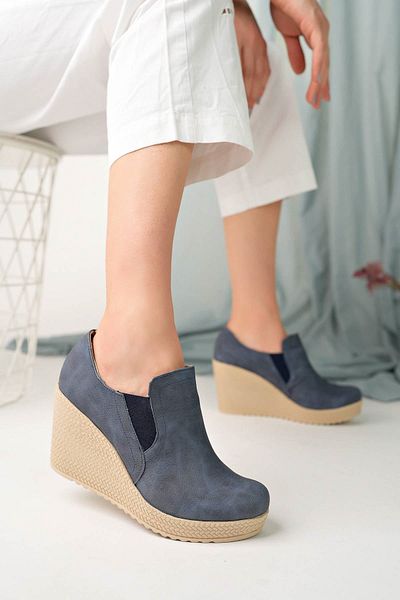 epaavm Wedge Sole Double Elastic Navy Blue Denim Shoes
