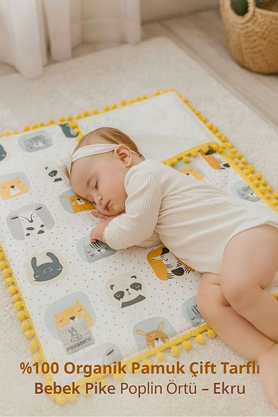 Fox&Sky Double Sided Baby Pique Poplin Cover - 100% Organic Cotton - Ecru - 80X100 cm