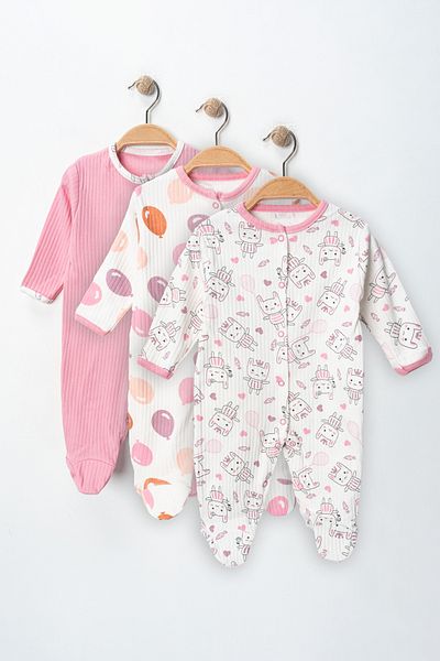 ENİA BABY Baby Girl Printed Cotton Booties 3-Piece Jumpsuit Set Colorful Patterned 3-6-9 Months Newborn Baby Outfit