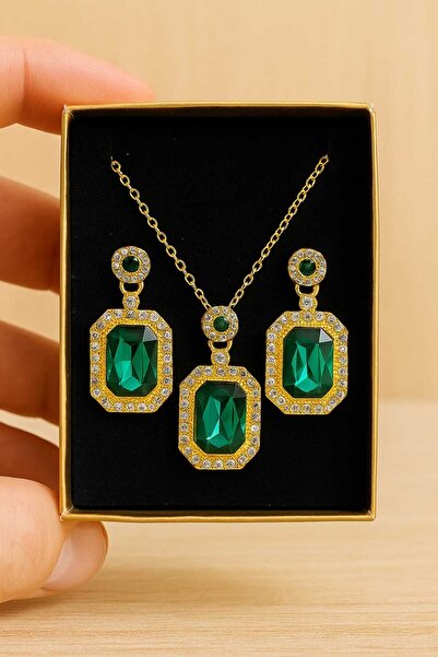 Şirin Zirkon Taşlı Kolye ve Küpe Seti - Yeşil Takı Seti Günlük Aksesuar Hediyesi
