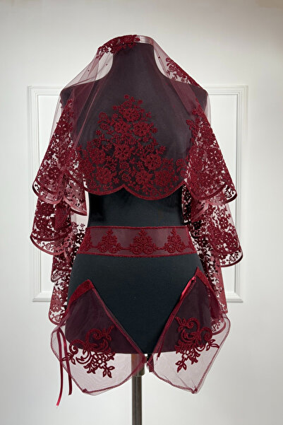 AZREN STORE Çift Desen Bordo Flok Baskı Simli Klasik Gelin Duvak Kuşak Eldive...