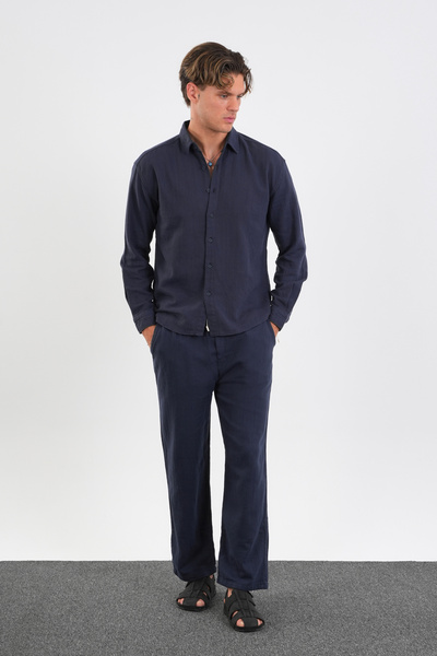 Redline Flare Winter Baggy Pants Oversize Shirt Bottom Top Suit 100% Cotton Navy Blue