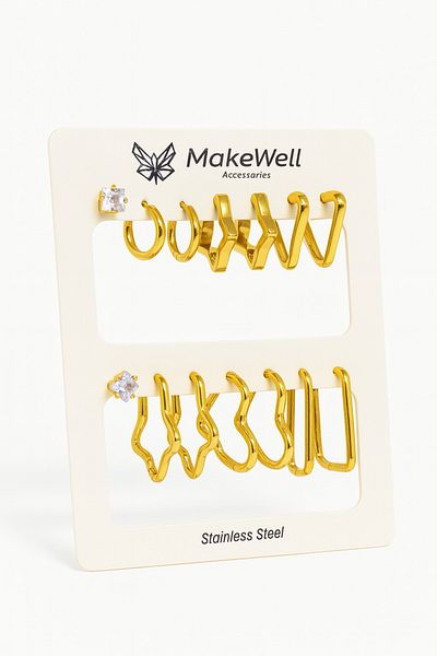 MakeWell Gold Silver Steel Hoop Earrings Set with Stainless Tarnish Stainless Steel Heart Star Rectangular Triangle Hoop Earrings