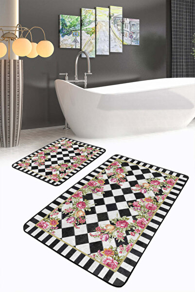 Realhomes Black and White Plaid and Floral Patterned 2-Piece Non-Slip Base Washable Bath Mat Set
