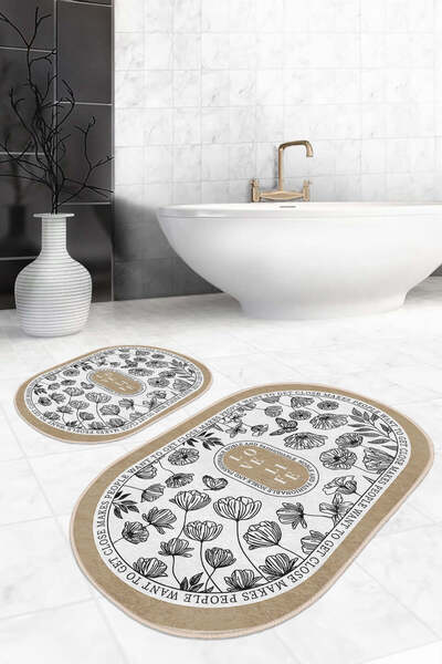 Realhomes Floral Patterned Black-White and Beige Edged Modern 2-Piece Non-Slip Base Washable Bath Mat Set
