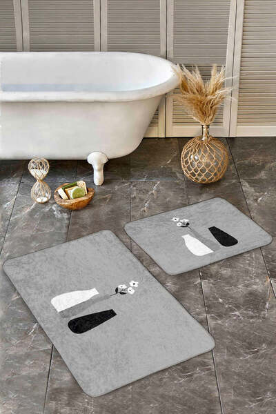 Realhomes مجموعة ممسحة حمام قابلة للغسل وقاعدة غير قابلة للانزلاق باللون الرمادي والأسود منقوشة على شكل مزهرية بسيطة مكونة من قطعتين