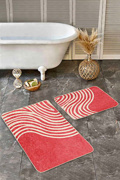 Realhomes Red Line Wave Patterned 2-Piece Non-Slip Base Washable Bath Mat