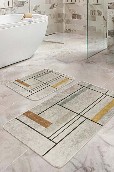 Realhomes Geometric Line Patterned Yellow-Brown Modern 2-Piece Non-Slip Base ...