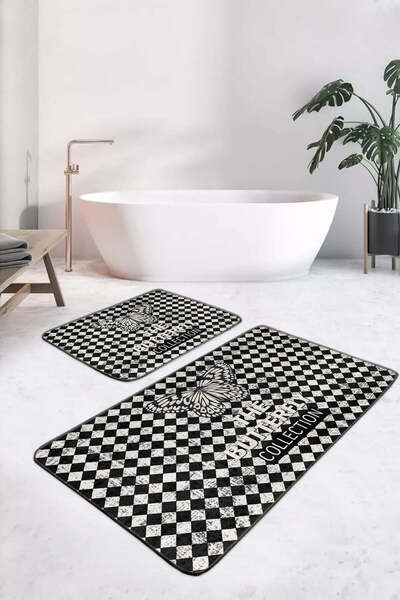 Realhomes Modern 2-Piece Non-Slip Base Washable Bath Mat with Butterfly Design on Black and White Plaid