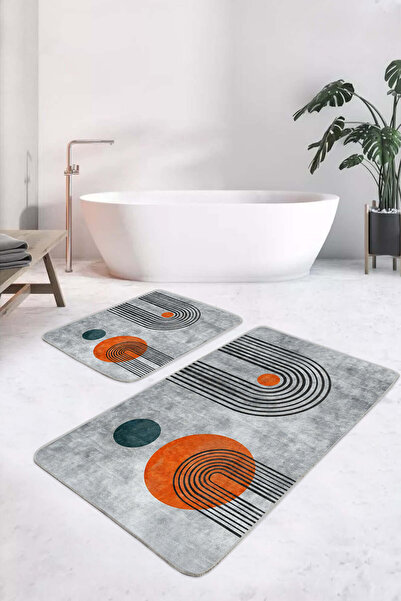 Realhomes Orange and Black Geometric Modern Patterned Gray 2-Piece Non-Slip B...