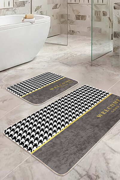 Realhomes Goose Feet Black-White Patterned Yellow Striped Modern 2-Piece Non-Slip Base Washable Bath Mat Set