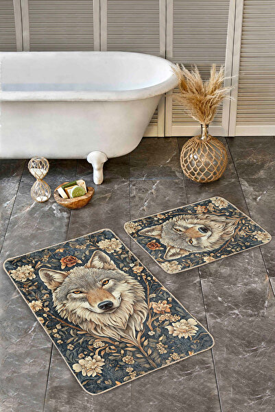 Realhomes مجموعة من 2 سجادة حمام بنمط الذئب والزهور وقاعدة غير قابلة للانزلاق وقابلة للغسل