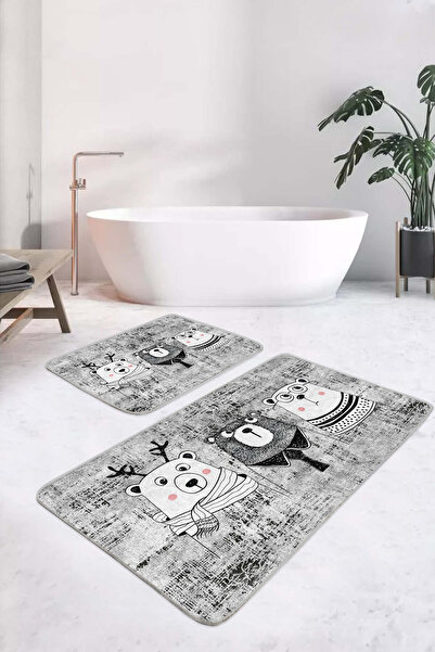 Realhomes مجموعة سجادة حمام لطيفة على شكل دب على خلفية رمادية وقاعدة مضادة للانزلاق وقابلة للغسل مكونة من قطعتين
