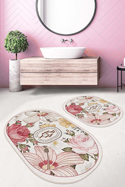 Realhomes مجموعة سجادة حمام قابلة للغسل بنمط زهور عتيقة باللون الكريمي الوردي مكونة من قطعتين وقاعدة غير قابلة للانزلاق