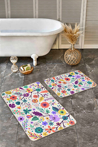 Realhomes مجموعة سجادة حمام حديثة مكونة من قطعتين بنمط زهور ملونة وقاعدة غير قابلة للانزلاق وقابلة للغسل