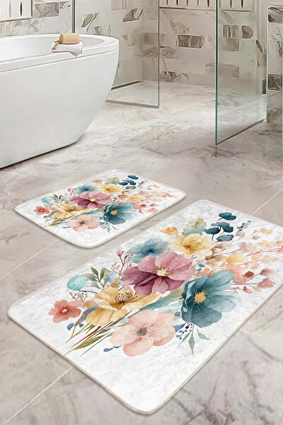 Realhomes Multicolored Flower Patterned Soft Pastel Set of 2 Non-Slip Base Washable Bath Mat Set