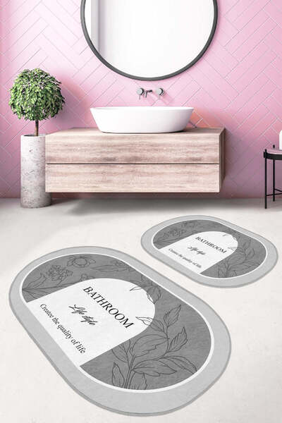 Realhomes مجموعة منشفة حمام مطبوعة بخط نصي على شكل زهرة رمادية مكونة من قطعتين وقاعدة مضادة للانزلاق وقابلة للغسل