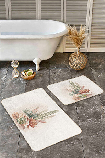 Realhomes Cactus and Floral Water Green-Cream Modern Pattern 2-Piece Non-Slip Base Washable Bath Mat Set