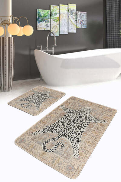 Realhomes Leopard Post Ethnic Patterned Beige Non-Slip Sole Washable 2-Piece Bath Mat Set
