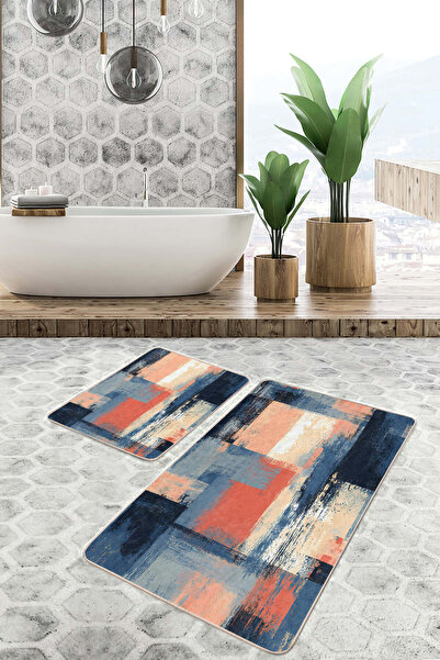 Realhomes مجموعة سجادة حمام عصرية منقوشة هندسية مجردة باللونين الأزرق الداكن والبرتقالي مكونة من قطعتين وقاعدة مضادة للانزلاق وقابلة للغسل