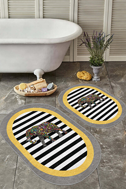 Realhomes Black and White Striped Colorful Elephant Patterned Yellow Edged 2-Piece Non-Slip Base Washable Bath Mat Set
