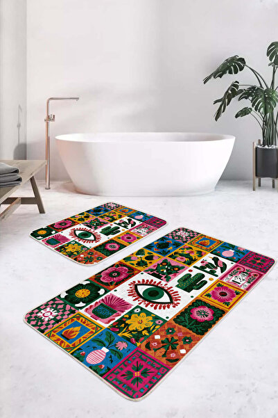 Realhomes Ethnic Colorful Flower and Eye Motif Patchwork Multicolor 2-Piece N...