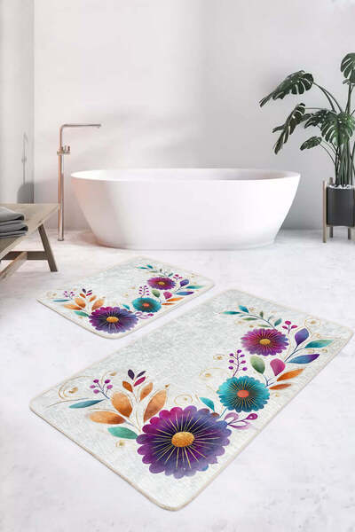 Realhomes Purple and Turquoise Flower Patterned White Floor Non-Slip Base Was...