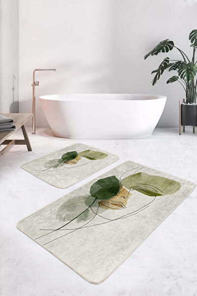 Realhomes Green Beige Abstract Face Figured Modern Striped 2-Piece Non-Slip Base Washable Bath Mat