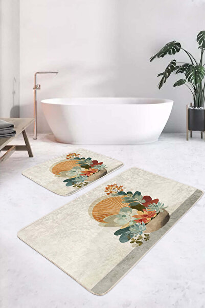 Realhomes Flower and Sun Patterned 2-Piece Non-Slip Base Washable Bath Mat Set